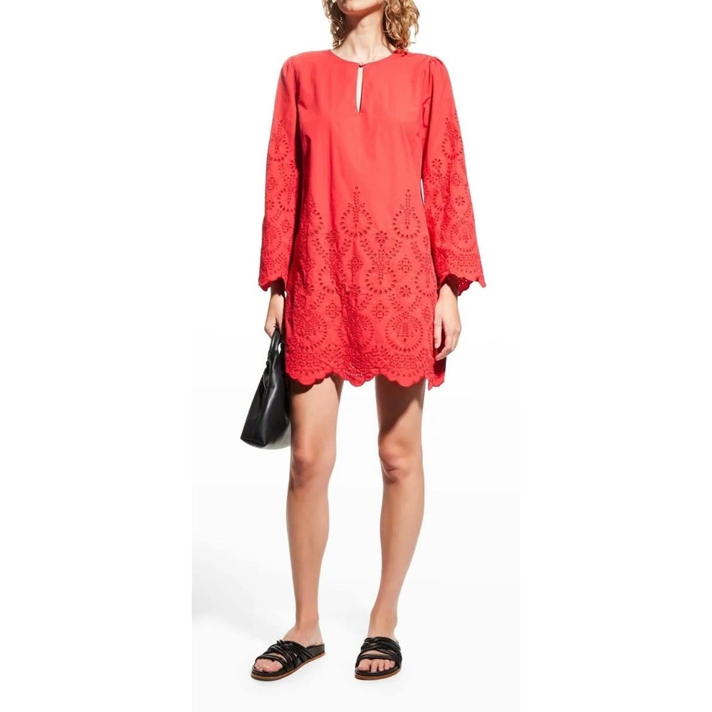 Johnny Was Scalloped Eyelet Mini Shift Dress Size Small red NWOT